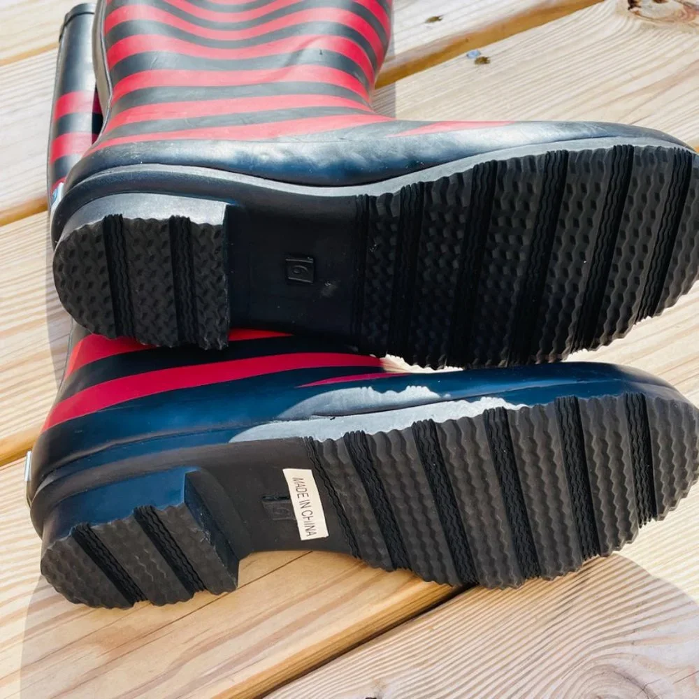 NWT Lillybee Black Red Striped Waterproof Rain Boots Women's  Size 6